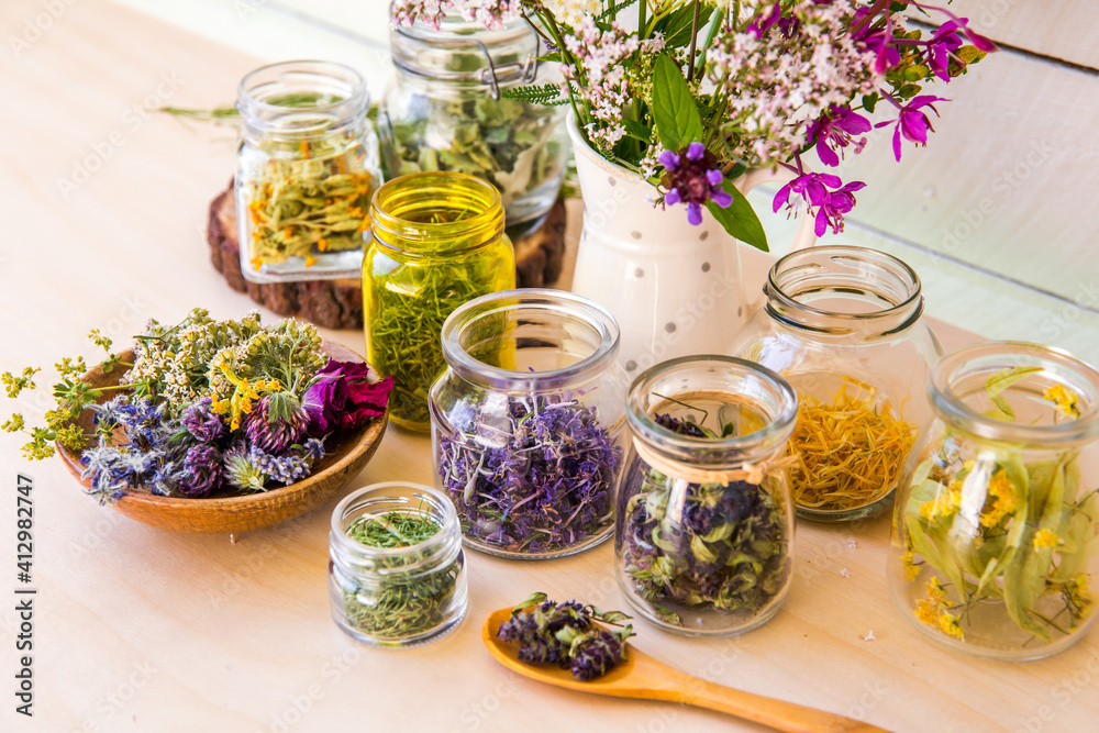 Home herbal apothecary concept. Lot of different dry herbal remedy plants( Chamaenerion angustifolium, Achillea millefolium, Tilia platyphyllos, Prunella vulgaris, Equisetum arvense in containers.
Home herbal apothecary concept. Lot of different dry herbal remedy plants( Chamaenerion angustifolium, Achillea millefolium, Tilia platyphyllos, Prunella vulgaris, Equisetum arvense in containers.