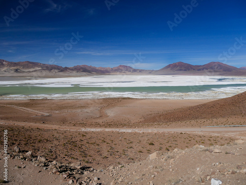 salt lake and mountains in Chile. blue skys and flamingos	

