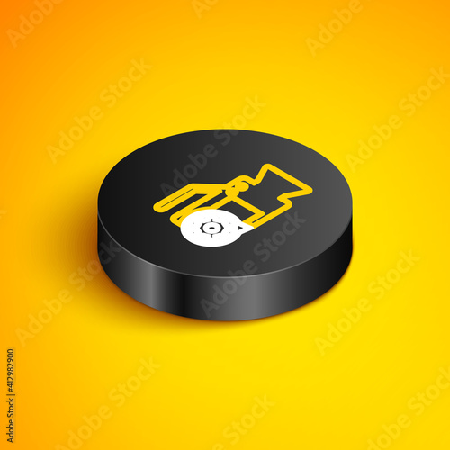 Isometric line Video camera and gear icon isolated on yellow background. Adjusting app, service concept, setting options, maintenance, repair, fixing. Black circle button. Vector.