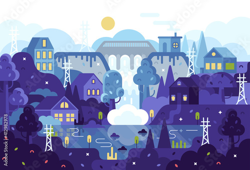 Vector cartoon panorama illustration, hydroelectric power plant, dam with hydro turbine, electric poles. Concept of village illuminated by a hydro power plant