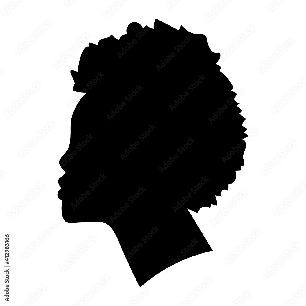 Black female silhouettes, face profile, vignette. Afro woman in profile.  Hand drawn vector illustration, isolated on white background. Design for invitation, greeting card, vintage style.