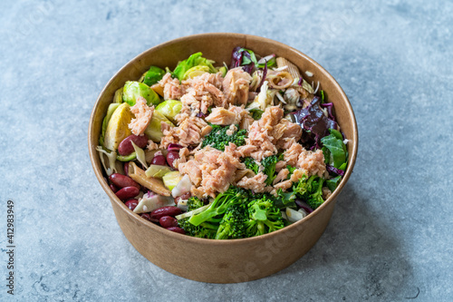 Healthy Food Bowl with Tuna Fish, Broccoli, Brussel Sprouts, Mexican Beans and Fusili Pasta. Buddha Bowl in Plastic Box Package Container.