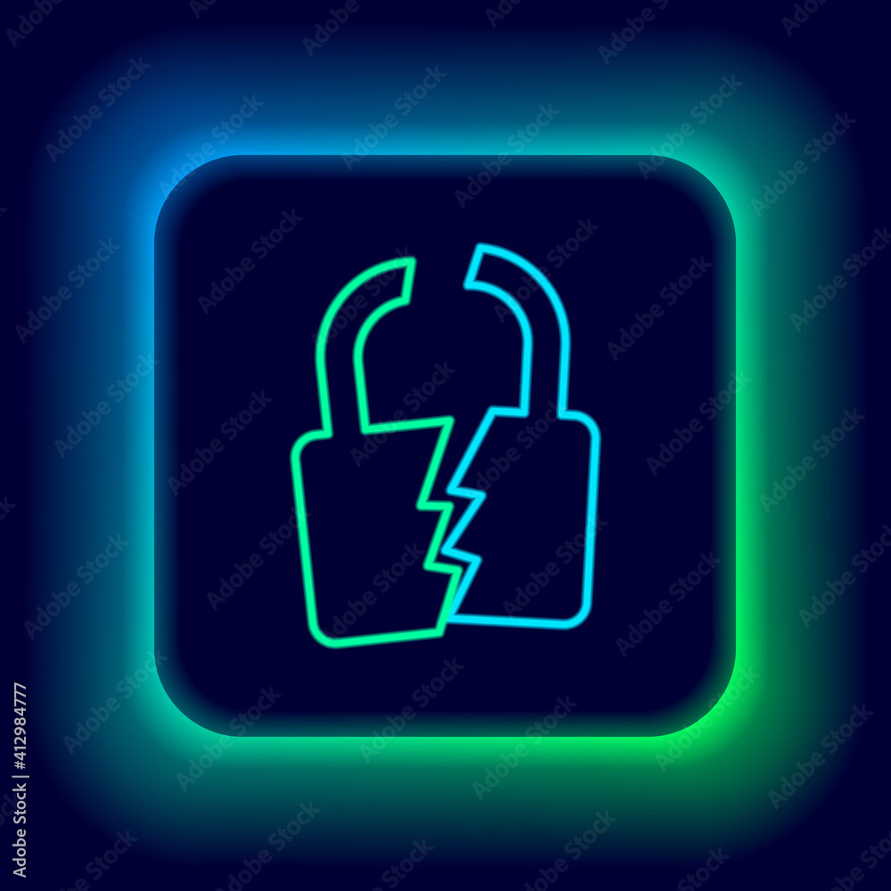Obraz premium Glowing neon line Broken or cracked lock icon isolated on black background. Unlock sign. Colorful outline concept. Vector.