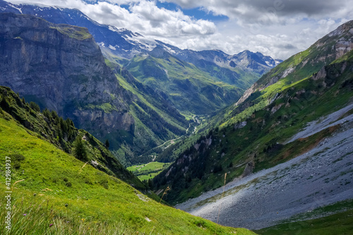 Mountain and pastures landscape in French alps