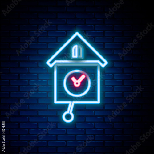 Glowing neon line Retro wall watch icon isolated on brick wall background. Cuckoo clock sign. Antique pendulum clock. Colorful outline concept. Vector.