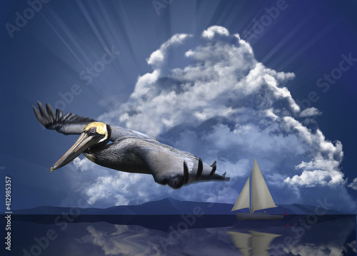 A pelican flees an approaching storm in an ocean scene with a sailboat and threatening sky background. This is a 3-d illustration.