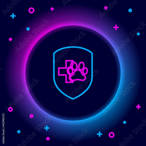 Glowing neon line Animal health insurance icon isolated on black background. Pet protection icon. Dog or cat paw print. Colorful outline concept. Vector.