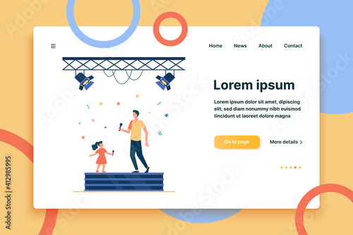 Kid and adult singers duet. Celebrity dad and daughter singing together on stage flat vector illustration. Performance, show, childhood concept for banner, website design or landing web page