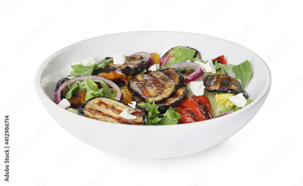 Delicious salad with roasted eggplant, cheese and arugula isolated on white