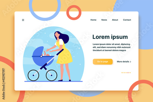 New mom walking with stroller. Mother reaching hands to baby in pram flat vector illustration. Love, motherhood, childcare concept for banner, website design or landing web page