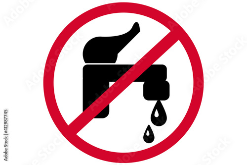 Please stop water leak sign, water tap and dripping drops icon