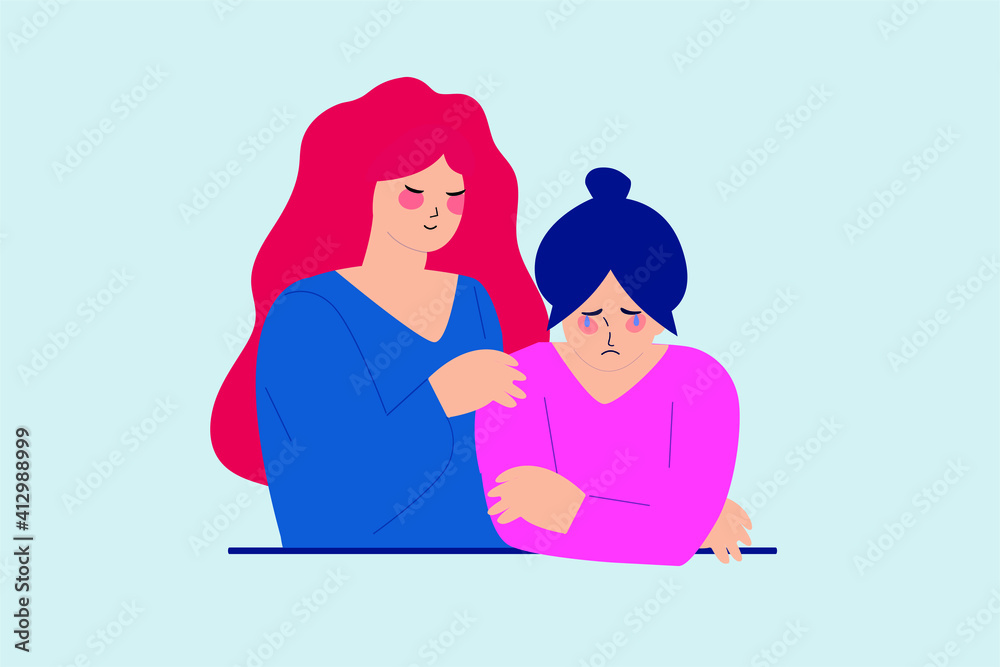 Flat young female comforts her best friend due to depression and anxiety. Close Friends and family help. Mother support her crying daughter. Concept of solidarity for people under stress. Vector. Flat young female comforts her best friend due to depression and anxiety. Close Friends and family help. Mother support her crying daughter. Concept of solidarity for people under stress. Vector.
