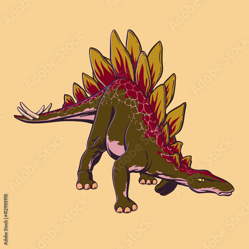Fototapeta Naklejka Na Ścianę i Meble -  Colored dinosaur Stegosaurus drawn in cartoon style. Attacking predator in pop art style. Vector illustration