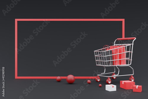 3d online shopping promotion concept with smartphone mock-up.on dark background.3d rendering.