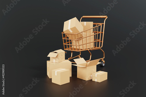 3d online shopping promotion concept with smartphone mock-up.on dark background.3d rendering.
