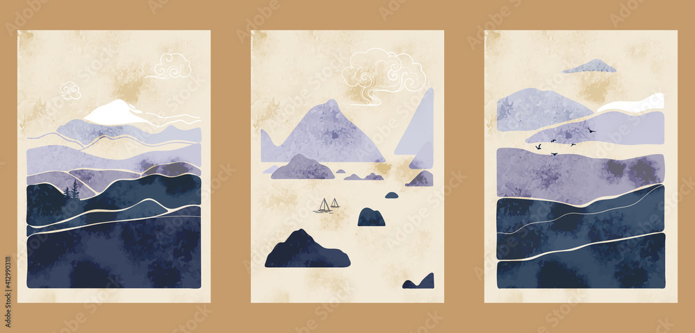 Japanese vintage style creative aesthetic posters. A4 vertical illustrations. Set of three minimalist abstract backgrounds with watercolor texture, mountains, lines, islands, sea, yachts.