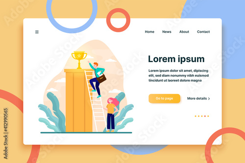 Lucky guy winning prize. Man climbing to gold cup, woman holding ladder flat vector illustration. Teamwork, success, leadership concept for banner, website design or landing web page