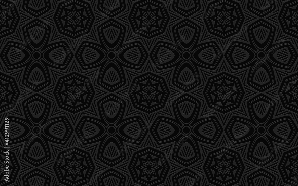 Ethnic convex volumetric wallpaper from a 3D pattern. Black embossed background from geometric shapes for design and decor.