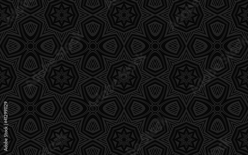 Ethnic convex volumetric wallpaper from a 3D pattern. Black embossed background from geometric shapes for design and decor.