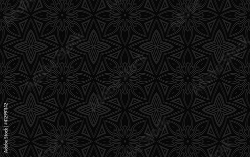 Ethnic geometric convex volumetric wallpaper from a 3D pattern. Black embossed background of geometric shapes and stylized flowers in oriental style. ©  swetazwet