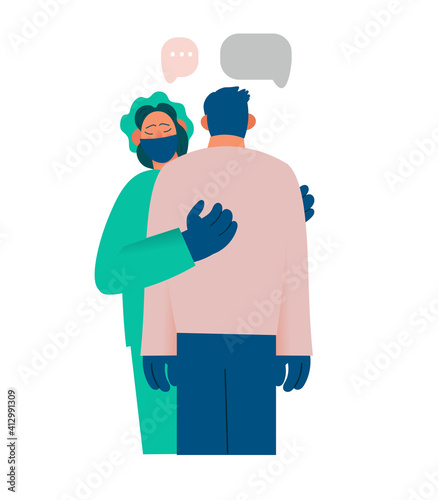 Fototapeta Naklejka Na Ścianę i Meble -  Healthcare worker supports and comforts the patient, compassion, reports something sad. Real emotions. Pain, sadness, despair. Flat cartoon vector illustration.