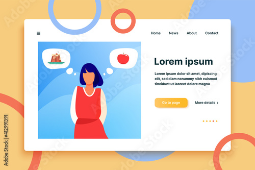 Healthy and unhealthy food choice. Woman choosing between cake and fresh apple flat vector illustration. Lifestyle, eating, diet concept for banner, website design or landing web page