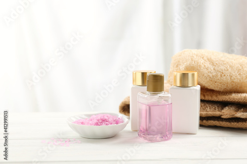 Beautiful composition with spa products on white wooden table