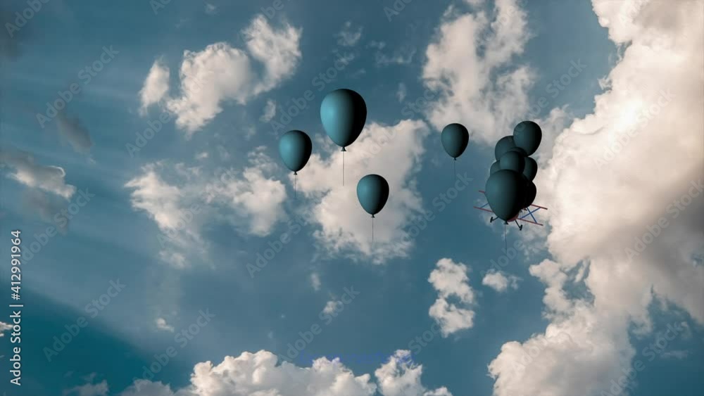 Un avión de madera deja una estela de globos azules. Concepto juego de niños