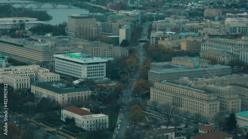 Aerial view of streets (Virginia Avenue) and buildings of Washington, DC, USA during evening time. 