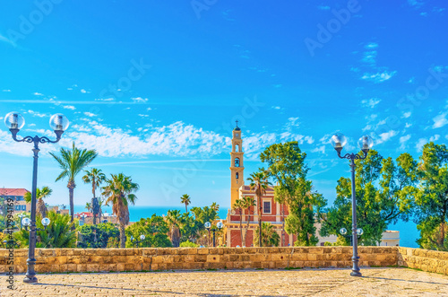 The St Peter's church  among the greenery in Tel Aviv, Israel photo