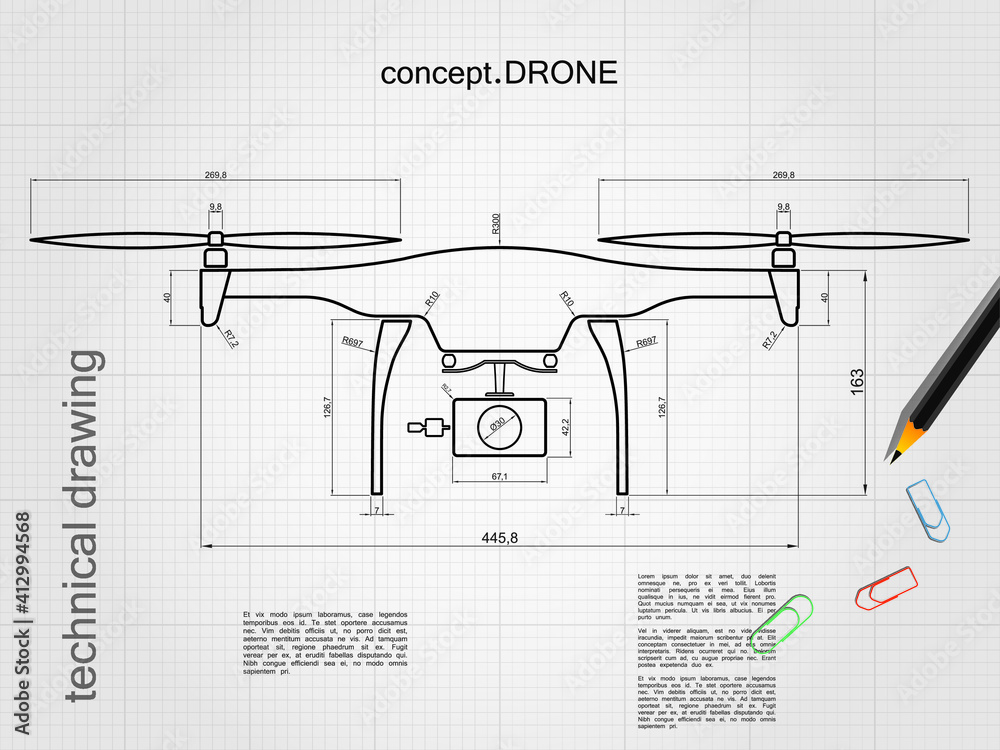 Vecteur Stock Technical drawing drone with white paper background | Adobe  Stock