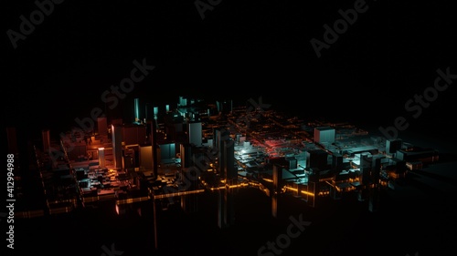 Wallpaper Mural Aerial view of skyscrapers in holographic neon colors. Futuristic buildings and glowing lights. 3D rendering illustration Torontodigital.ca