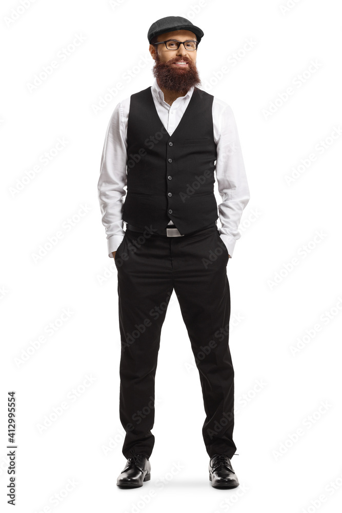 Full length portrait of a bearded man in a white shirt and black vest Full length portrait of a bearded man in a white shirt and black vest