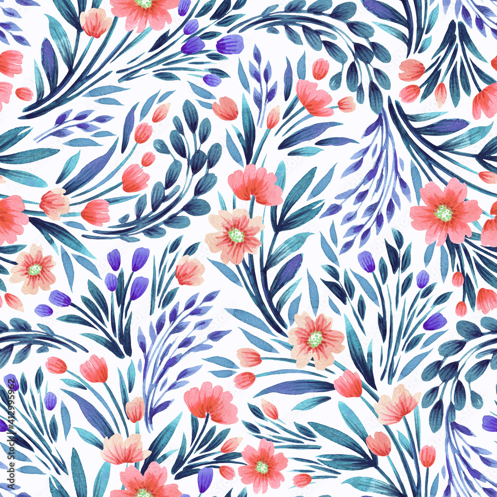 Naklejka premium Floral watercolor seamless pattern. Design for fabric, wallpaper, wrapping paper and more.