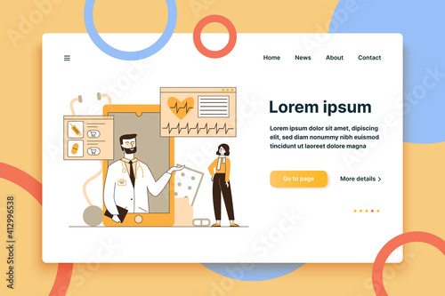Medical support and treatment via smartphone. Online mobile medicine vector illustration. Online doctor consultation, assistance and pharmaceutics app concept for banner, or landing web page