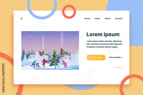 Parents and kids enjoying winter in country. Families sledging, making snowman flat vector illustration. Outdoor activity, vacation, Christmas concept for banner, website design or landing web page