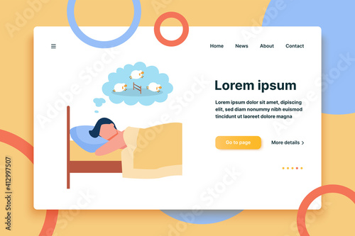 Man lying in bed and counting sheep. Relaxation, animal, night flat vector illustration. Sleeping and insomnia concept for banner, website design or landing web page