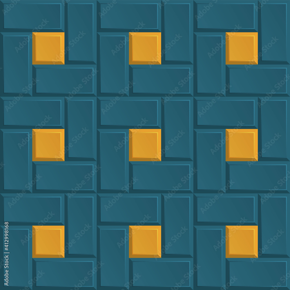 Vector seamless pavement texture. Blue and yellow street pavement seamless background. Colorful realistic paving slabs. Geometric mosaic street tiles seamless pattern. Stone floor tiles. Top view. Vector seamless pavement texture. Blue and yellow street pavement seamless background. Colorful realistic paving slabs. Geometric mosaic street tiles seamless pattern. Stone floor tiles. Top view.