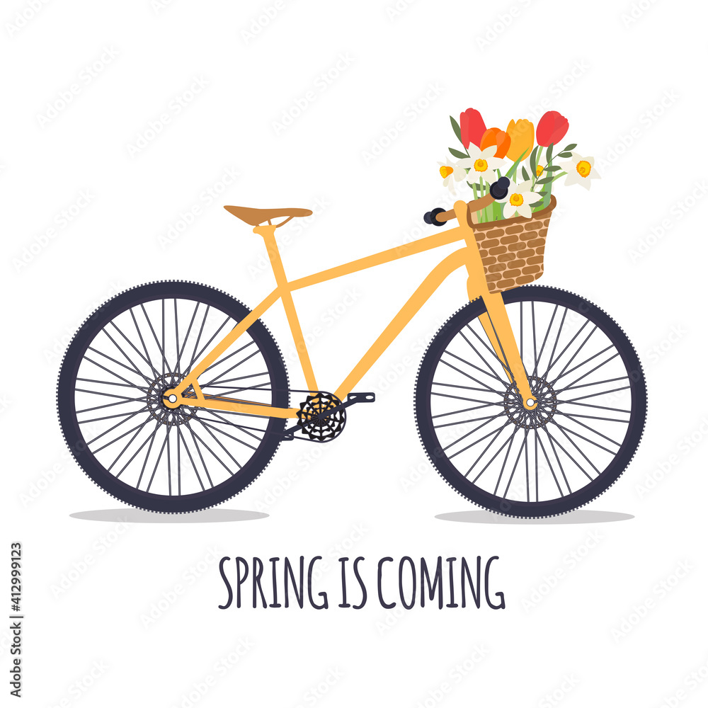Bicycle with a bouquet of spring flowers. Vector Illustration. EPS10