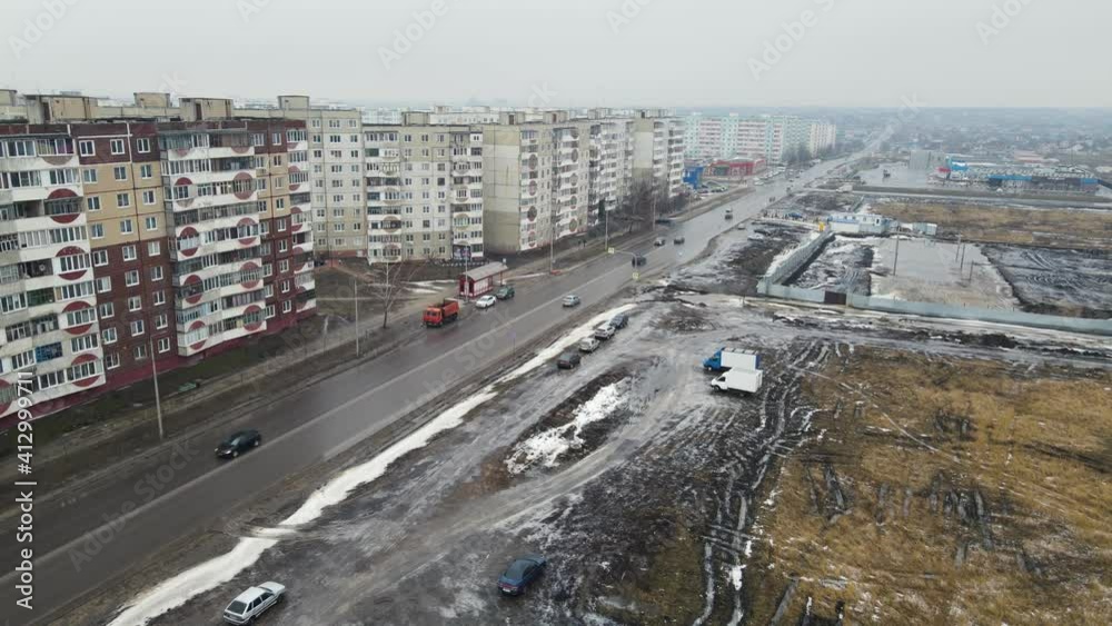 spring city in slush and dampness. aerial shooting spring city in slush and dampness. aerial shooting