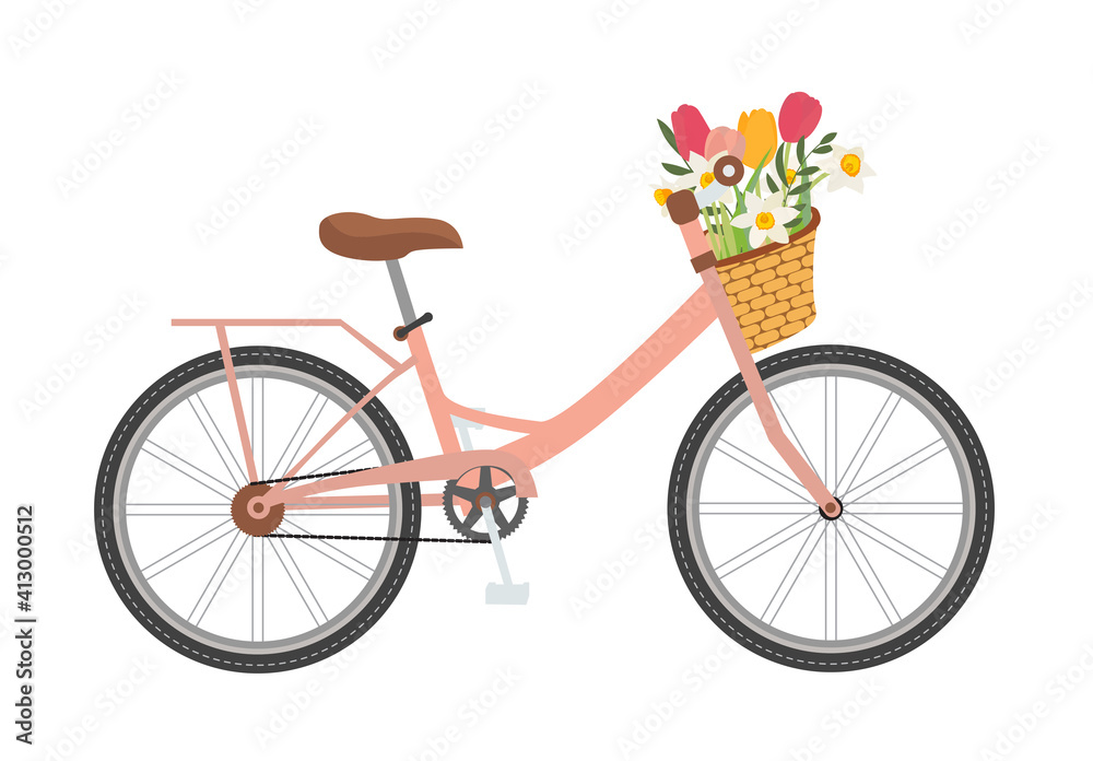 Bicycle with a bouquet of spring flowers. Vector Illustration. EPS10