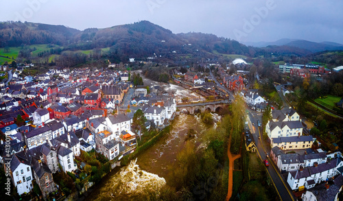 Aerial view of Llangollen,  a town and community on the River Dee in Denbighshire, Wales photo