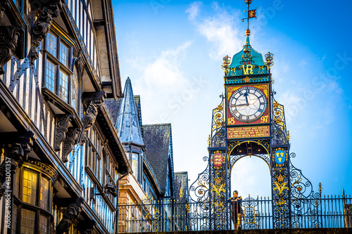 Eastgate clock of Chester, a city in northwest England,  known for its extensive Roman walls made of local red sandstone #413001357