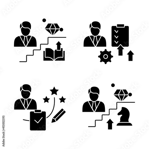 Personal growth glyph icons set. Consists of self knowledge, enhancing lifestyle, social relation, identifying potential. Filled flat signs. Isolated silhouette vector illustrations 