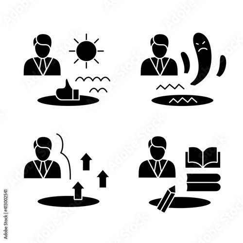 Personal growth glyph icons set. Consists of self knowledge, enhancing lifestyle, social relation, identifying potential. Filled flat signs. Isolated silhouette vector illustrations 