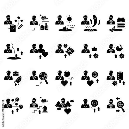 Personal growth glyph icons set. Consists of self knowledge, enhancing lifestyle, talents development, identifying potential. Filled flat signs. Isolated silhouette vector illustrations 