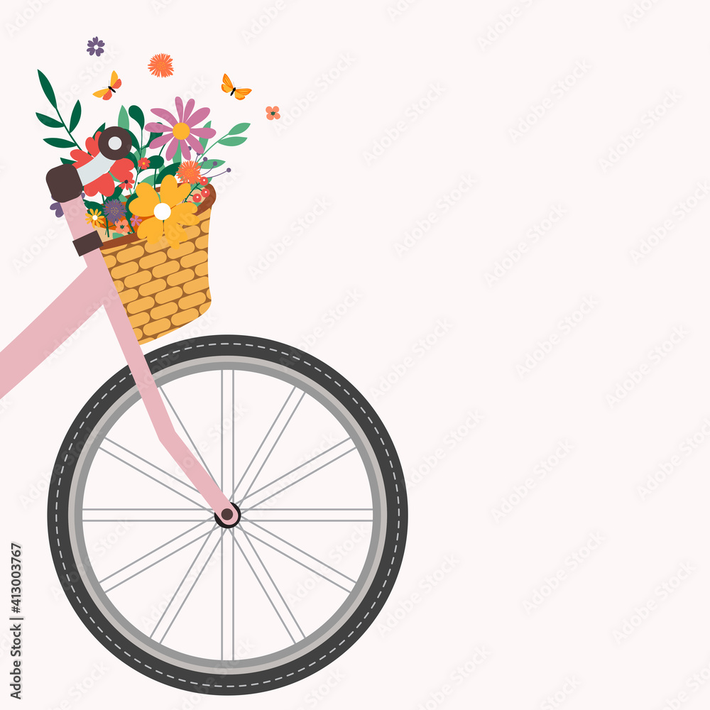 Bicycle with a bouquet of spring flowers. Vector Illustration. EPS10
