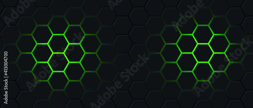 Black hexagon and green light Abstract background