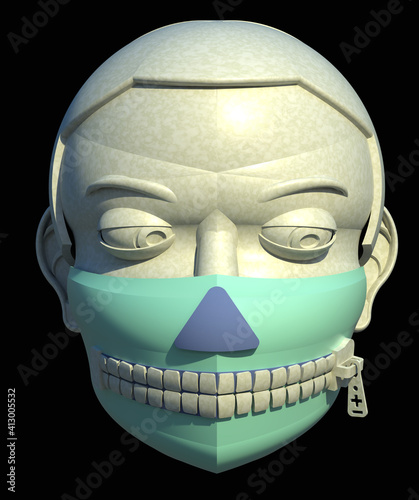 Sculpture of a stone head wearing safety mask in pandemic times 3D illustration. Marble face with zipped mouth on black background. Collection.