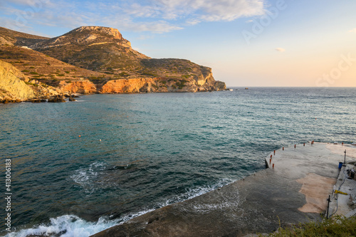 Fototapeta Naklejka Na Ścianę i Meble -  Agali Beach, beautiful cliffs and the bay with turquoise water on Folegandros island. Cyclades, Greece